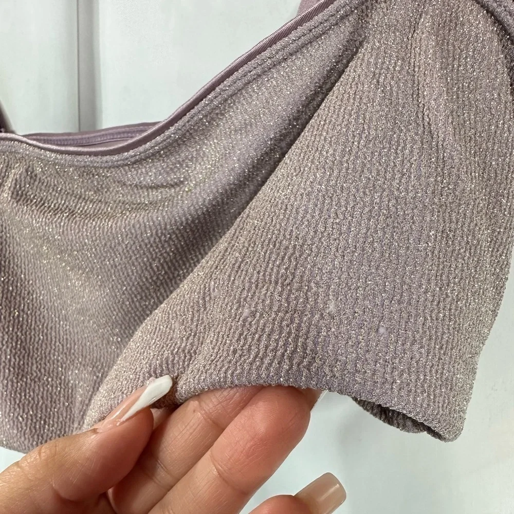 Good American sparkle bandeau bikini top in lilac size XL